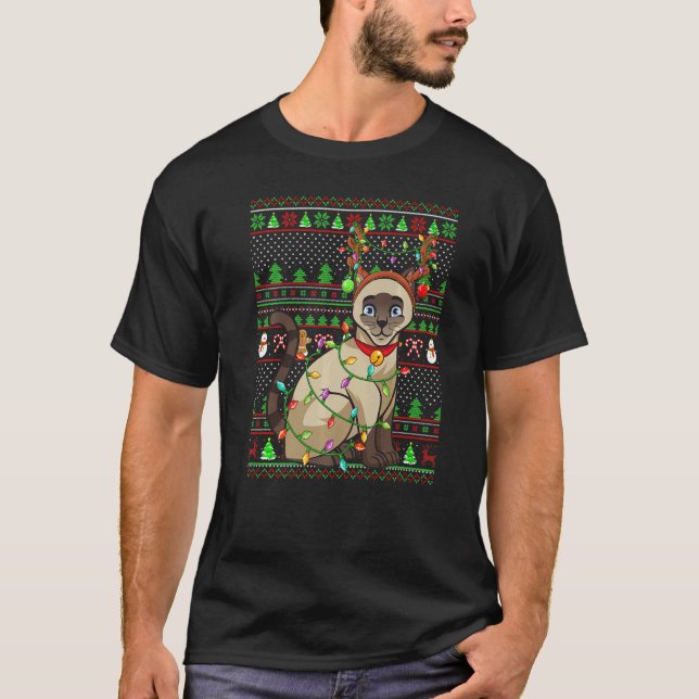 Camiseta Ugly Xmas Sweater Style Lighting Siamese Cat Chris (Frente)