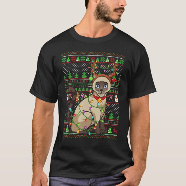 Camiseta Ugly Xmas Sweater Style Lighting Siamese Cat Chris (Frente)