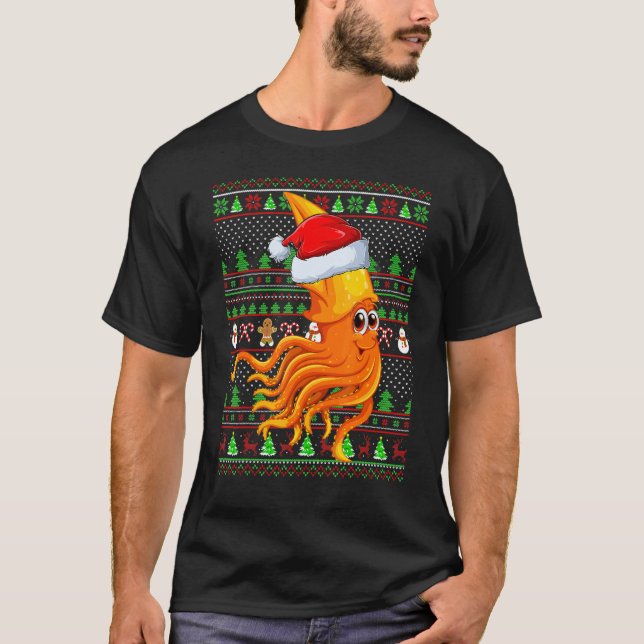 Camiseta Ugly Xmas Sweater Style Lighting Squid Fish Christ (Frente)