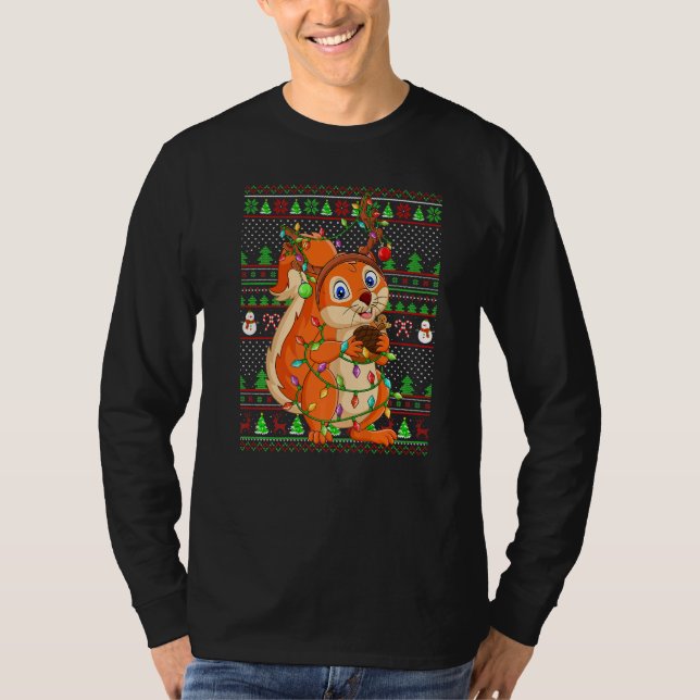 Camiseta Ugly Xmas Sweater Style Lighting Squirrel Christma (Frente)