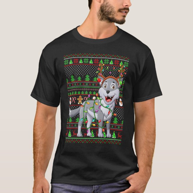 Camiseta Ugly Xmas Sweater Style Lighting Wolf Christmas (Frente)
