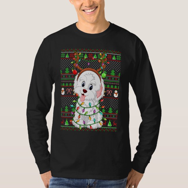 Camiseta Ugly Xmas Sweater Style Lights Havanese Dog Christ (Frente)