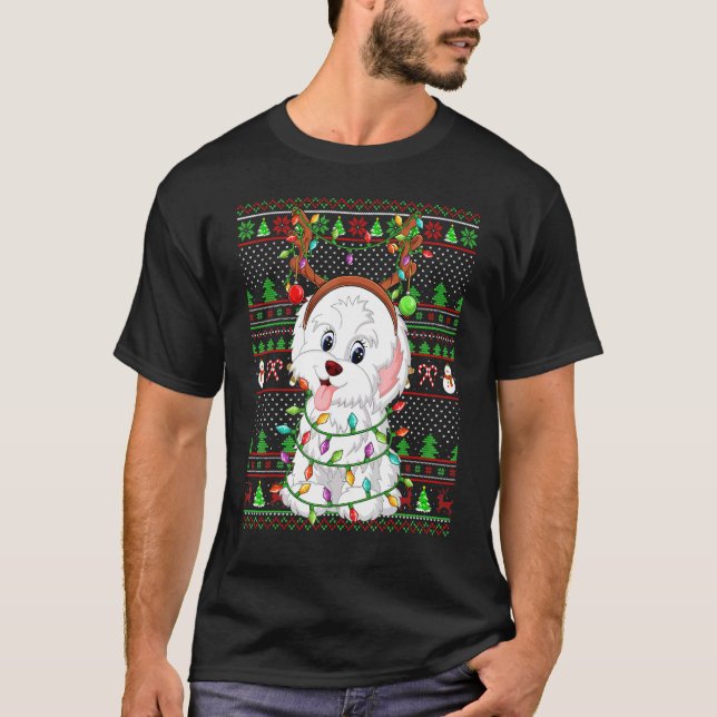 Camiseta Ugly Xmas Sweater Style Lights Havanese Dog Christ (Frente)