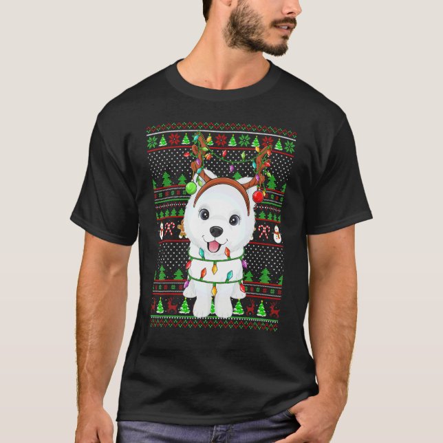 Camiseta Ugly Xmas Sweater Style Lights Samoyed Dog Christm (Frente)