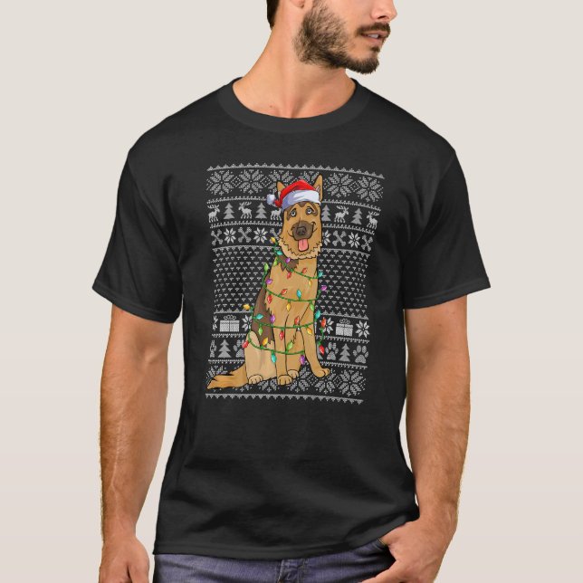 Camiseta Ugly Xmas Sweater Style Santa Belgian Malinois Dog (Frente)
