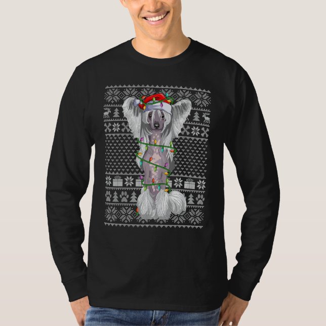 Camiseta Ugly Xmas Sweater Style Santa Chinese Crested Dog  (Frente)