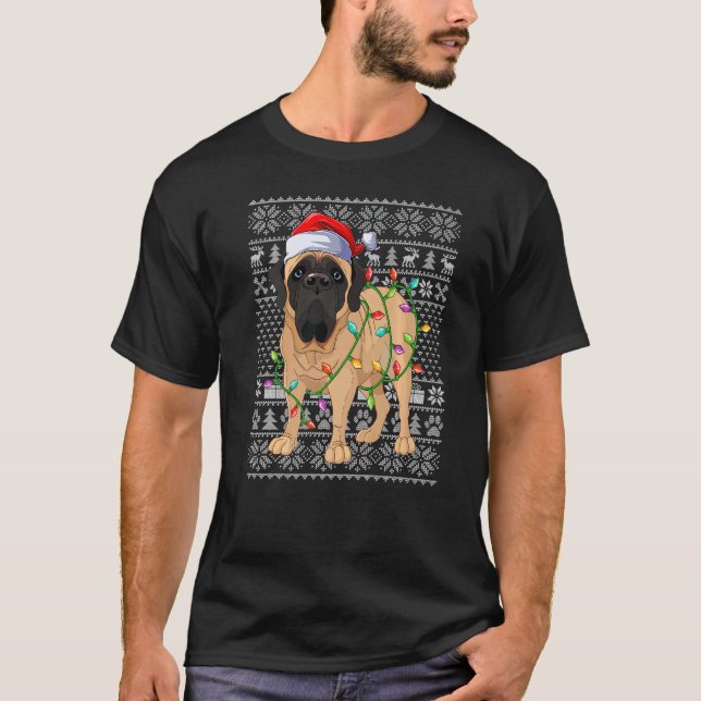 Camiseta Ugly Xmas Sweater Style Santa English Mastiff Dog  (Frente)
