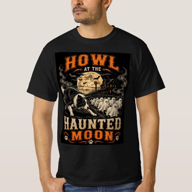 Camiseta Uivar Na Lua Assombrada Border Collie Halloween G (Frente)