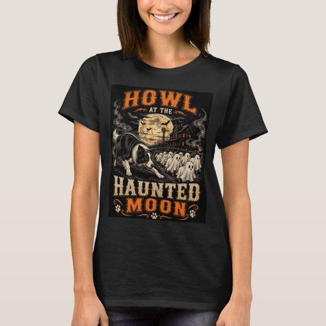 Camiseta Uivar Na Lua Assombrada Border Collie Halloween G (Frente)