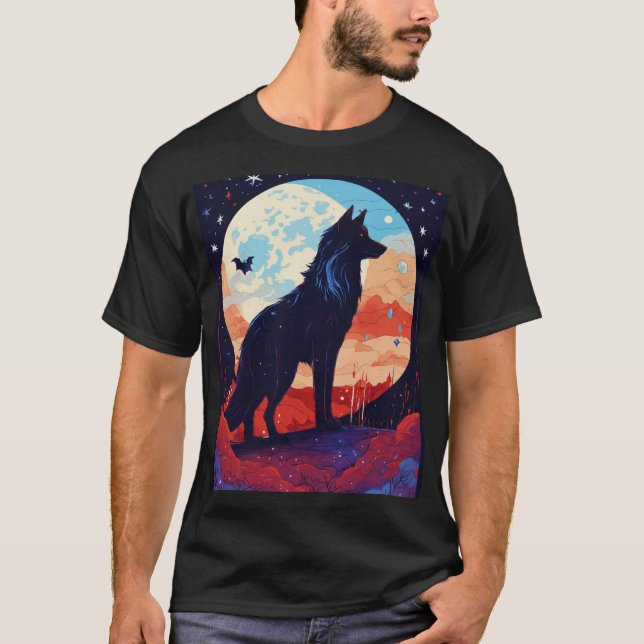 Camiseta Uivo da Noite: Lobos Glassblown Sob uma Lua Cósmic (Frente)