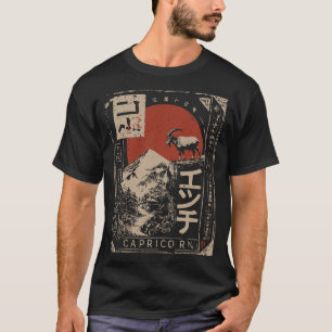 Camiseta Ukiyo-e Capricorn Zodiac   Red Sun Mountain Goat