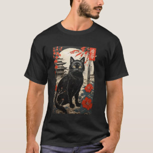 Camiseta Ukiyo-e Gato Preto - Estilo de Xilogravura Japones