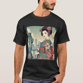 Camiseta Ukiyo-e style: Oiran alongside the Statue of Liber