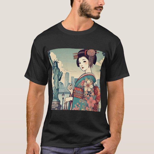Camiseta Ukiyo-e style: Oiran alongside the Statue of Liber (Frente)