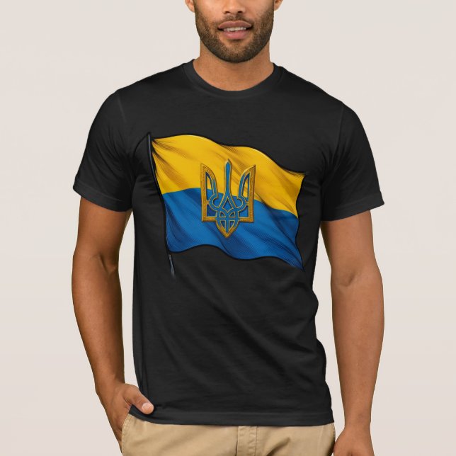 Camiseta Ukrainian flag waving in the wind with Trident (Frente)