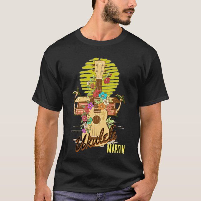 Camiseta Ukulele com flores e palmeiras/nome editável (Frente)