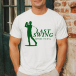 Camiseta Último Balanço Antes do Solteirão de Golfe<br><div class="desc">A suíte Last Swing Before the Ring é uma coleção refinada, inspirada no golfe, para a despedida de solteiro, que combina charme sofisticado com um toque de espírito divertido. Com uma ousada silhueta de golfista em verde profundo e branco crocante, esta coleção apresenta o design perfeito para uma celebração elegante...</div>