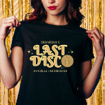 Camiseta Último Ouro de Disco e Bachelorette preto 70s<br><div class="desc">Prepare-se para fazer besteiras com esta camiseta personalizada de última festa de solteira Disco! Apresentando uma bola de ouro cintilante, fonte retrorreflectora atraente, e um fundo negro ousado, é perfeito para uma noiva e sua tripulação. Personalize com o nome da noiva, o nome de cada convidado e sua função de...</div>