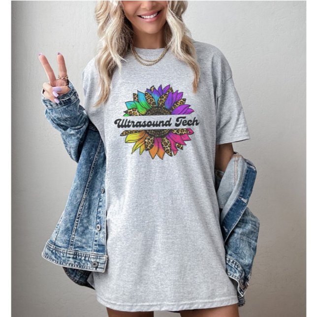 Camiseta Ultrassom Profissão Tecnológica Rainbow Sunflower (Ultrasound Tech Profession Rainbow Sunflower T-Shirt
)