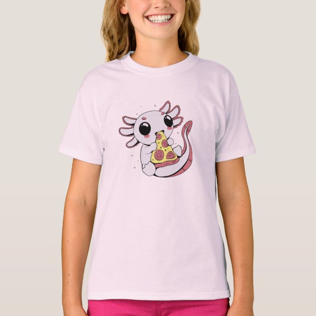 Camiseta Um adorável axolotl comendo pizza (Frente)