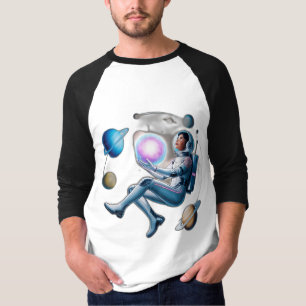 Camiseta Um astronauta flutuante segurando uma órbita brilh