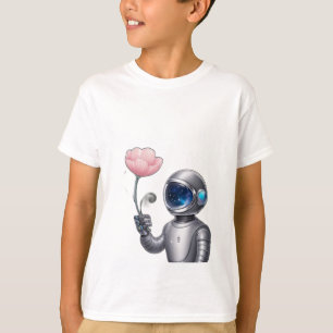 Camiseta Um astronauta robô segurando uma flor, com estrela