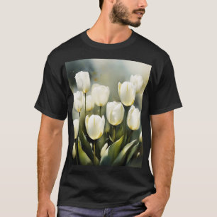 Camiseta Um bando de Tulipas Brancas em um Jardim Serene