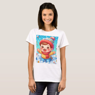 Camiseta um bebê em uma tempestade de neve com um boneco de
