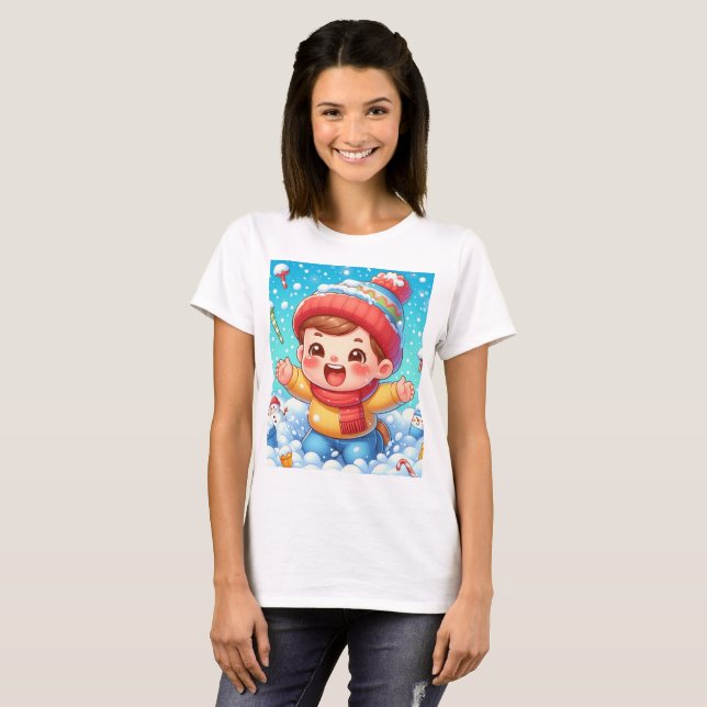 Camiseta um bebê em uma tempestade de neve com um boneco de (Frente Completa)