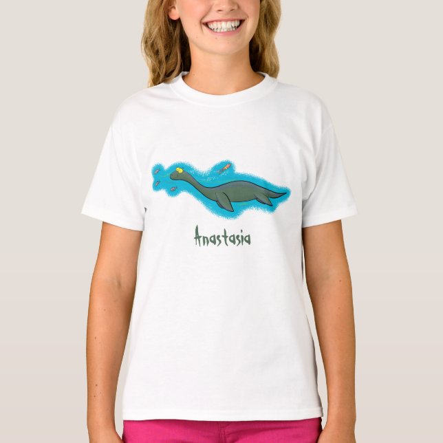 Camiseta Um belo e feliz cartoon de monstro do mar, plesios (Frente)