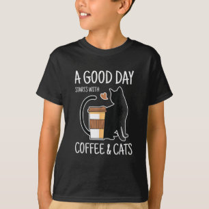 Camiseta Um Bom Dia Começa Com Café E Gatos Divertido Fofo