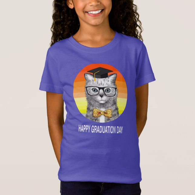 Camiseta um boné de formatura de feliz graduação com gato (Frente)