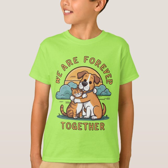 Camiseta um cachorro abraçando um gato, com o pôr do sol (Frente)