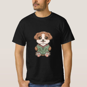 Camiseta um cachorro fofo lê um livro vestindo roupas, engr