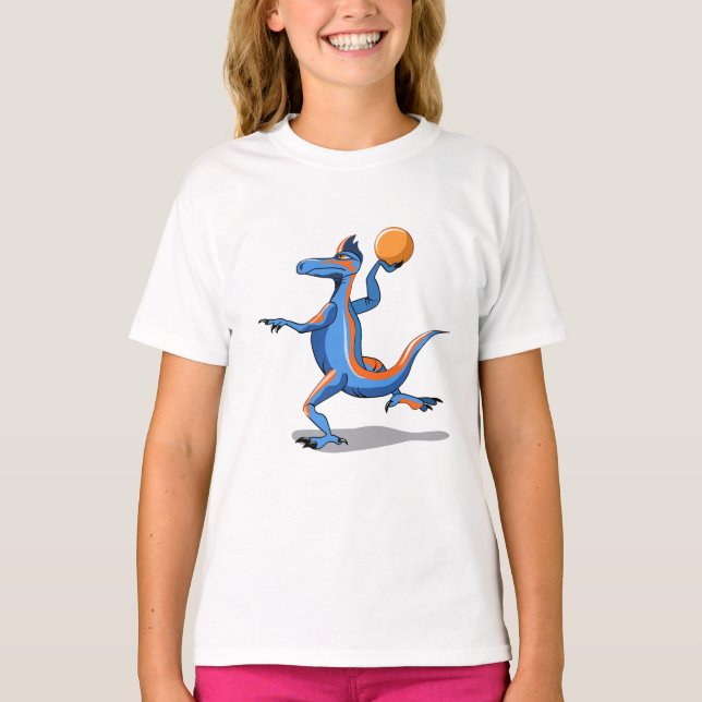Camiseta Um Cartoon Iguanodon Jogando Basquete. (Frente)