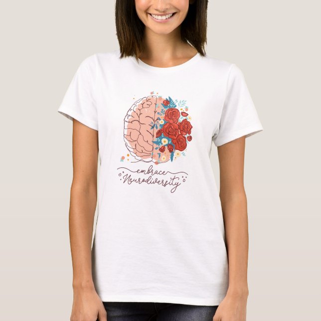 Camiseta Um cérebro e flores abraçam a neurodiversidade (Frente)