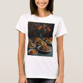 Camiseta um cheio de comida, incluindo as flores para carne