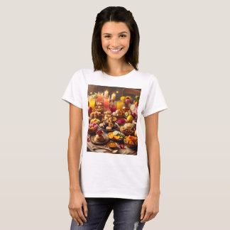 Camiseta um cheio de comida, incluindo fruta e flor