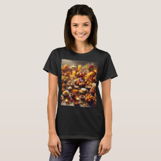 Camiseta um cheio de comida, incluindo fruta e um copo