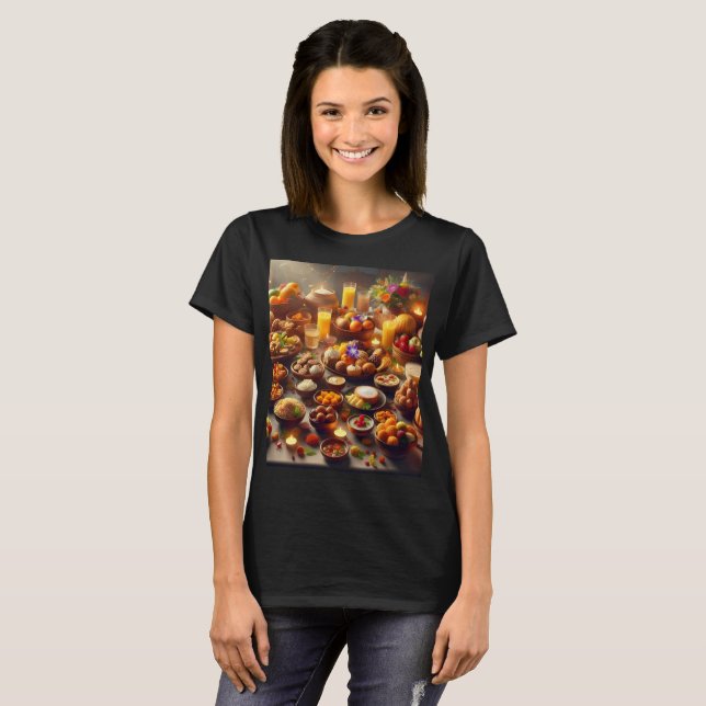 Camiseta um cheio de comida, incluindo fruta e um copo (Frente Completa)