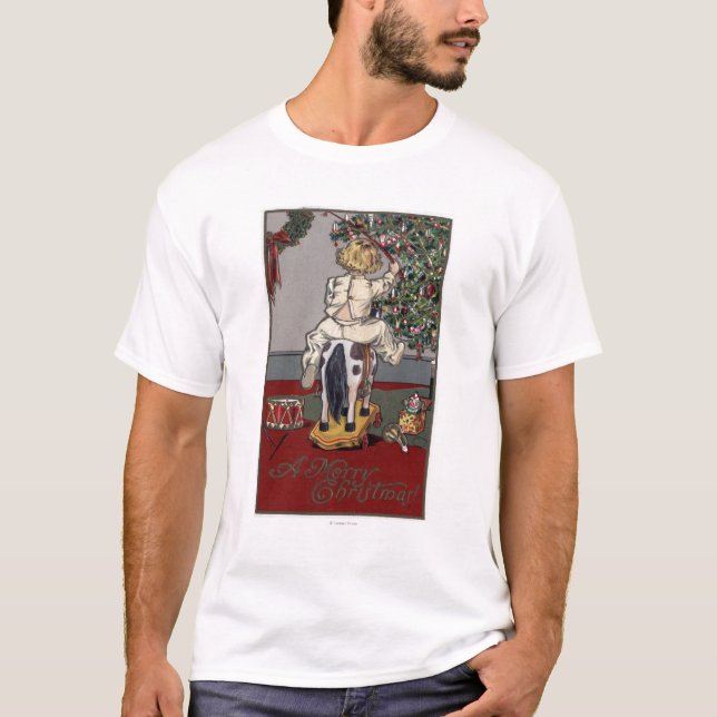 Camiseta Um ChristmasKid alegre em um cavalo de balanço (Frente)