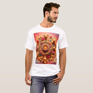 Camiseta um círculo de flores e o sol está cercado por