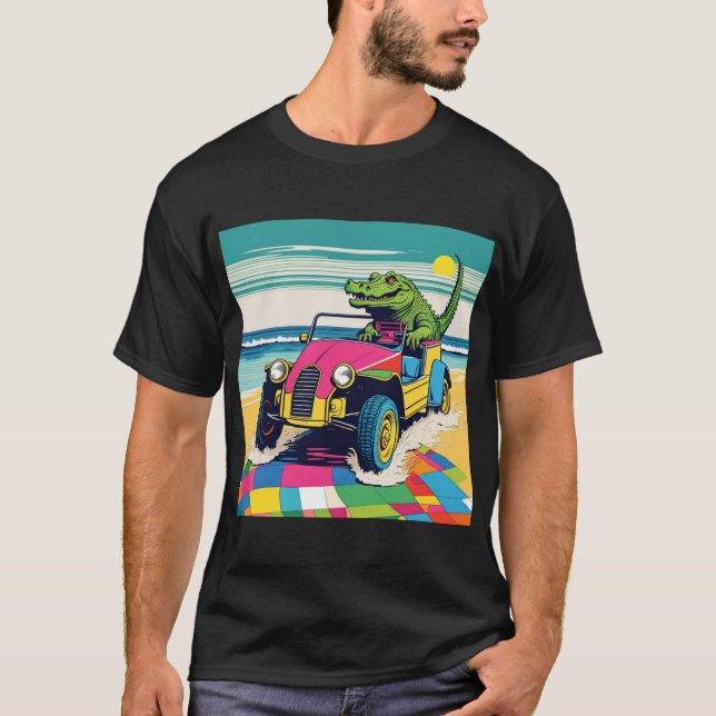 Camiseta Um Crocodilo Dirigindo Uma Bolsa De Praia (Frente)