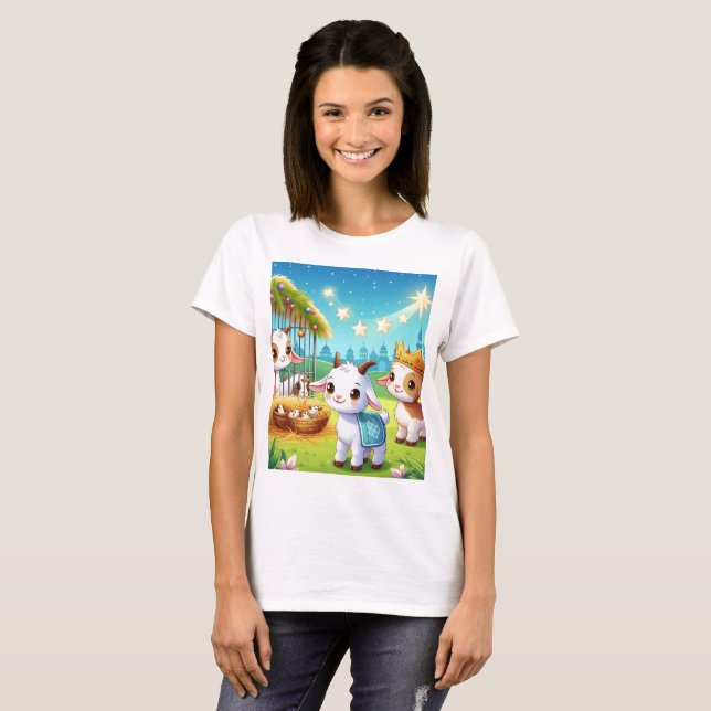 Camiseta um desenho animado de uma cena de fazenda com três (Frente Completa)