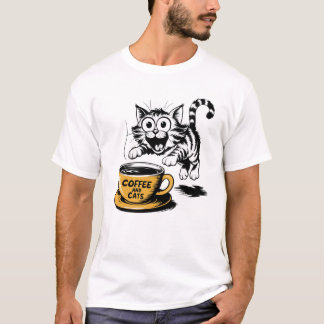 Camiseta Um desenho artístico de um gato fofo com uma xícar
