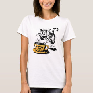 Camiseta Um desenho artístico de um gato fofo com uma xícar