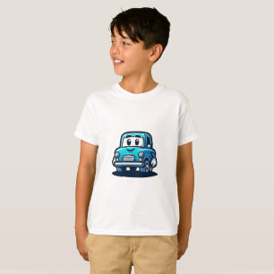 Camiseta um desenho de um velho carro azul sorridente