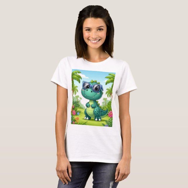 Camiseta Um dinossauro de desenho animado com óculos de sol (Frente Completa)