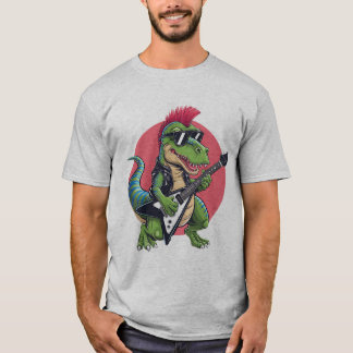 Camiseta um dinossauro de desenho animado tocando violão el