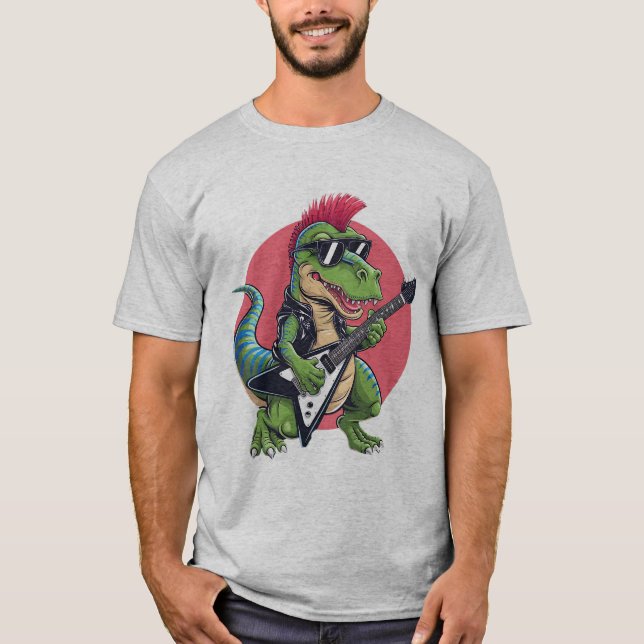 Camiseta um dinossauro de desenho animado tocando violão el (Frente)